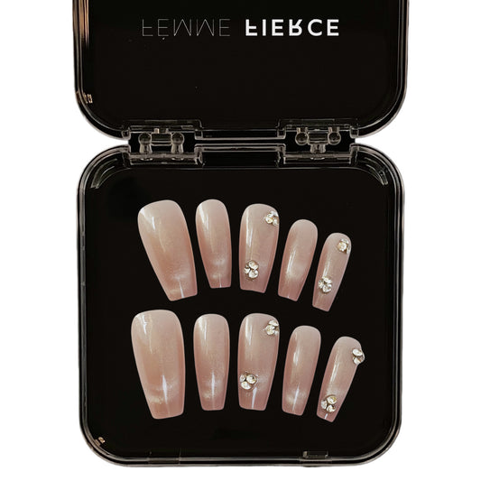 nude shimmer press on nails with rhinestones