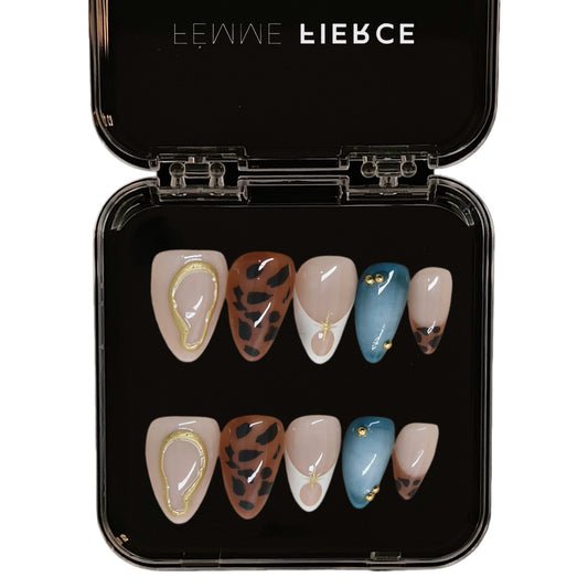 teal leopard press on nails almond shape