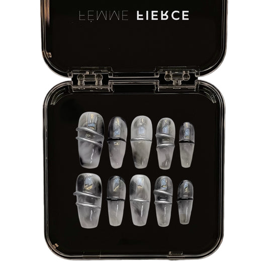 grey swirl press on nails with translucent glossy finish