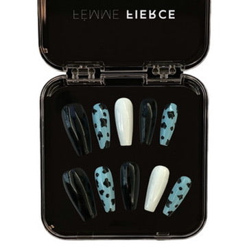 black white contrast press on nails blue accent