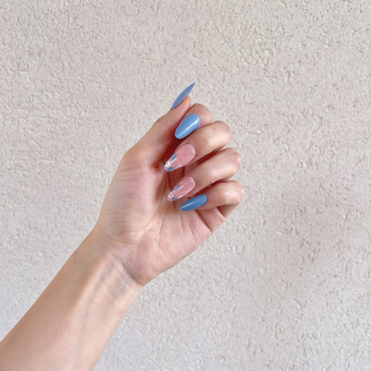 soft almond nails blue and nude contrast aesthetic