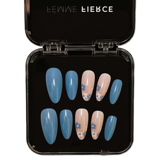 blue floral press on nails nude base vintage design