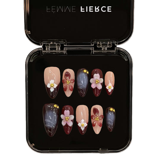 wine red press on nails with 3d floral details