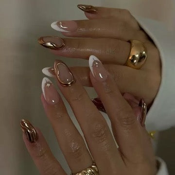 gold chrome nail design nude base nails