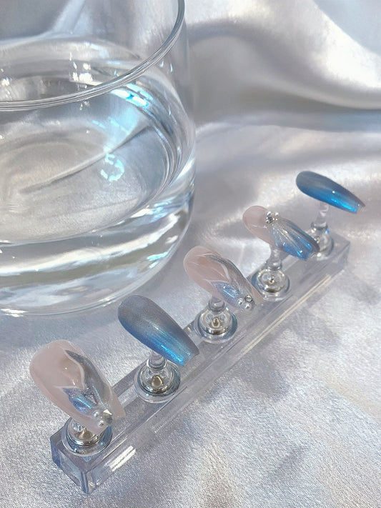 blue chrome press on nails iridescent finish