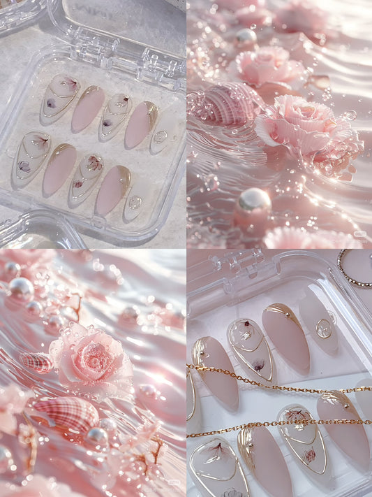 soft glam floral nails almond shape glossy finish