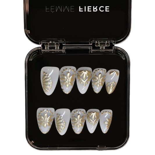 gold floral press on nails ivory almond shape