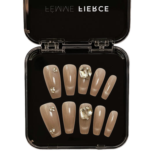 champagne chrome press on nails with crystal embellishments