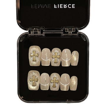 ivory shimmer press on nails with gold cross accents