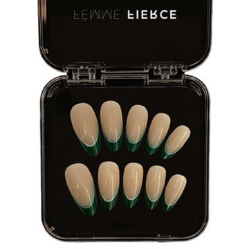 green french tip press on nails nude base almond shape