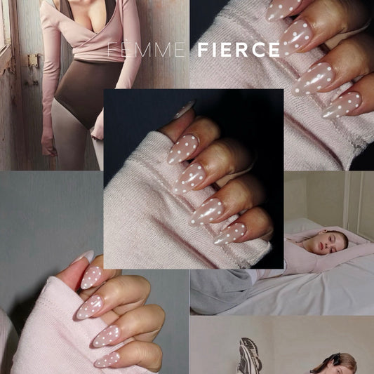 soft girl press on nails with white dots design