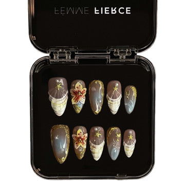 smoky floral press on nails with gold chrome accents