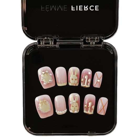 pink bunny press on nails with pearl accents