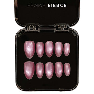 rose chrome press on nails with metallic pink finish