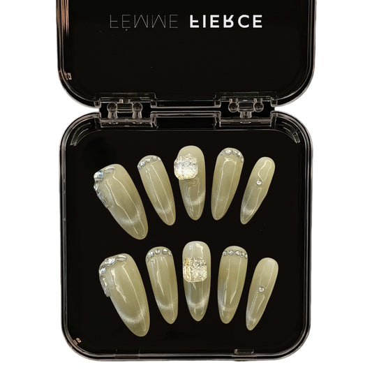 sage green press on nails chrome finish