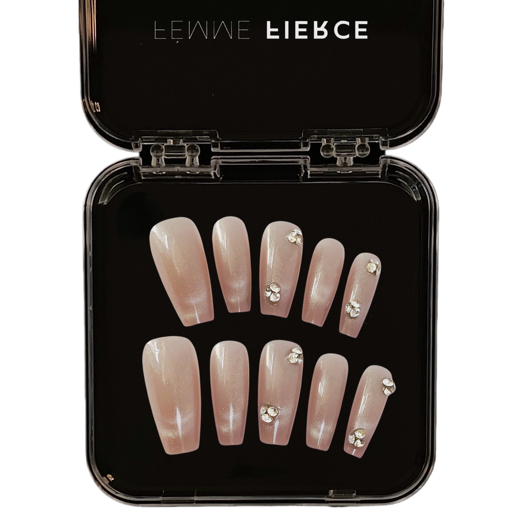 nude shimmer press on nails with rhinestones