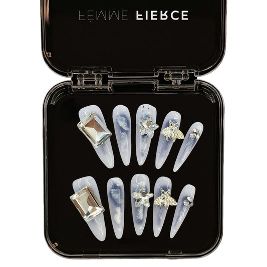 lavender marble press on nails rhinestone detail