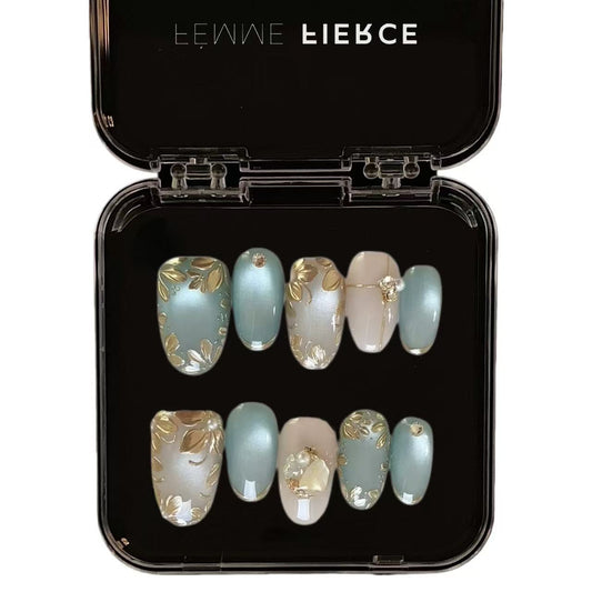 teal chrome press on nails gold floral design