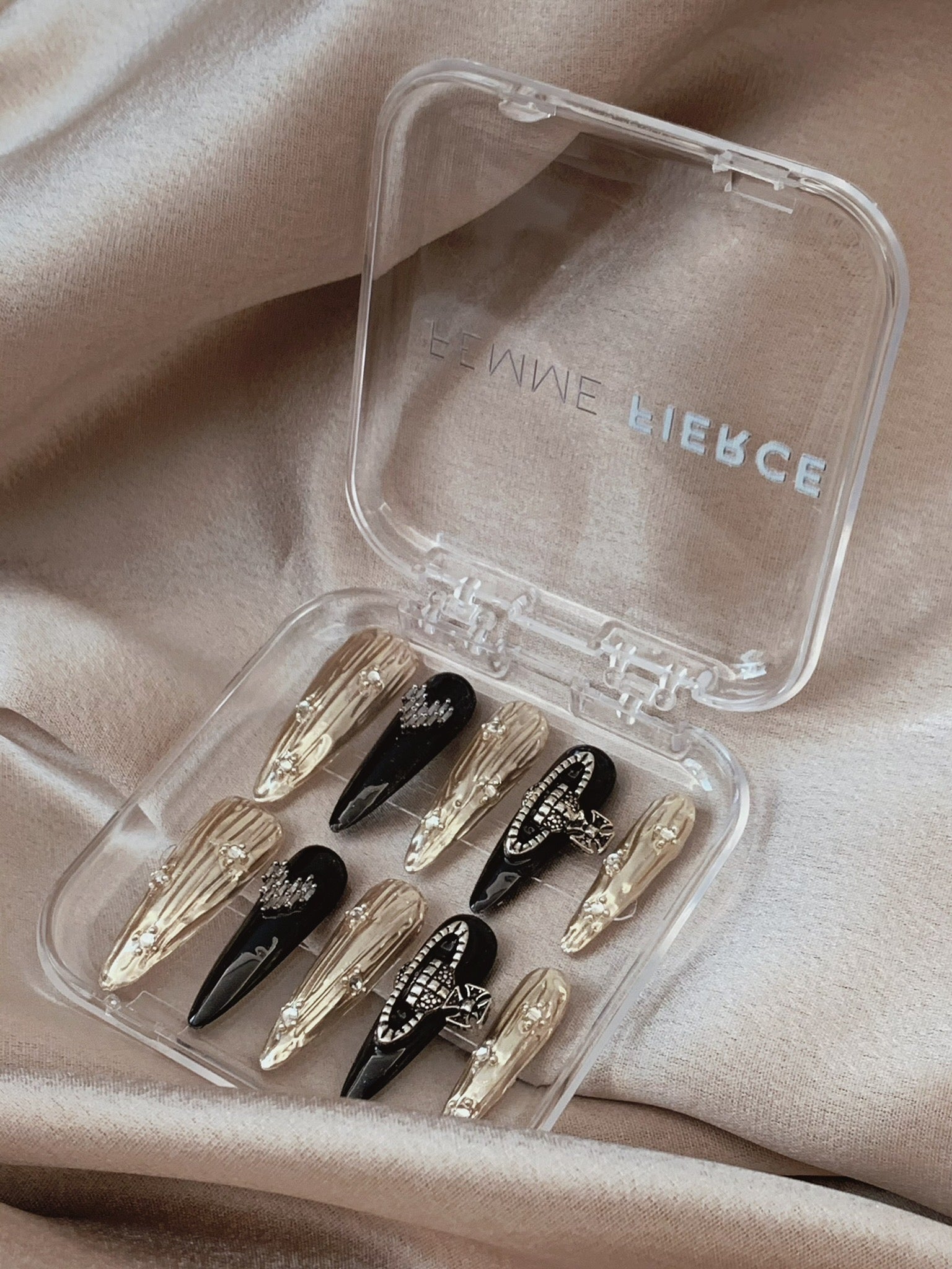 long stiletto nails gold metallic detail