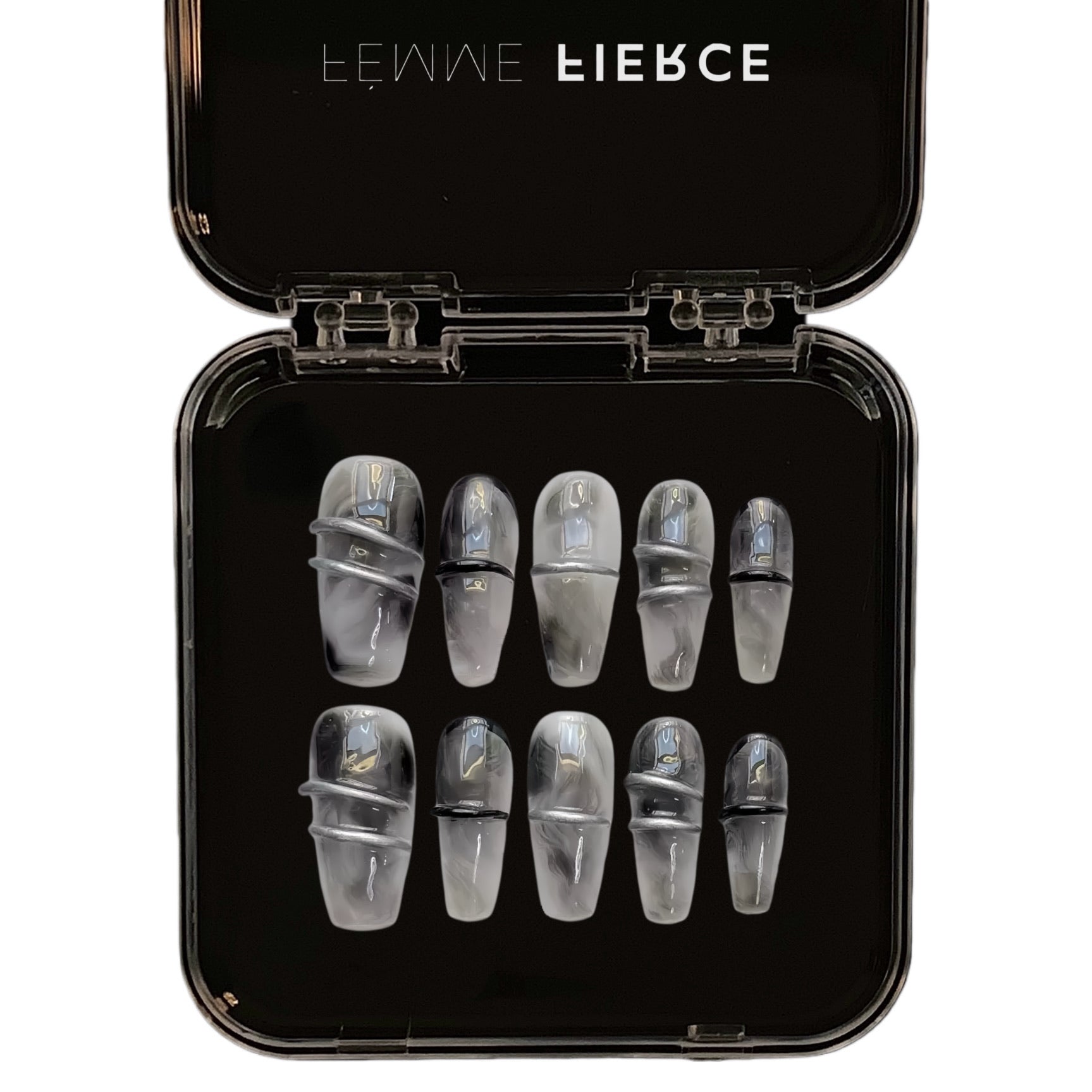 grey swirl press on nails with translucent glossy finish