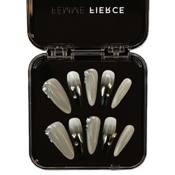 black white ombre press on nails rhinestone detail