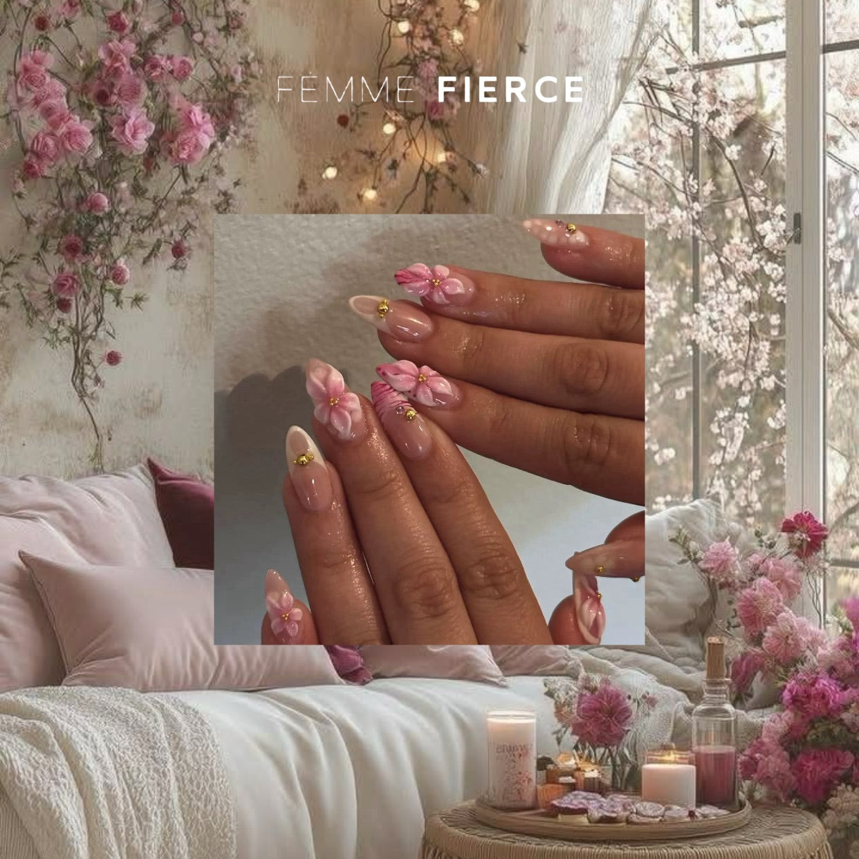 pink 3d floral press on nails almond shape