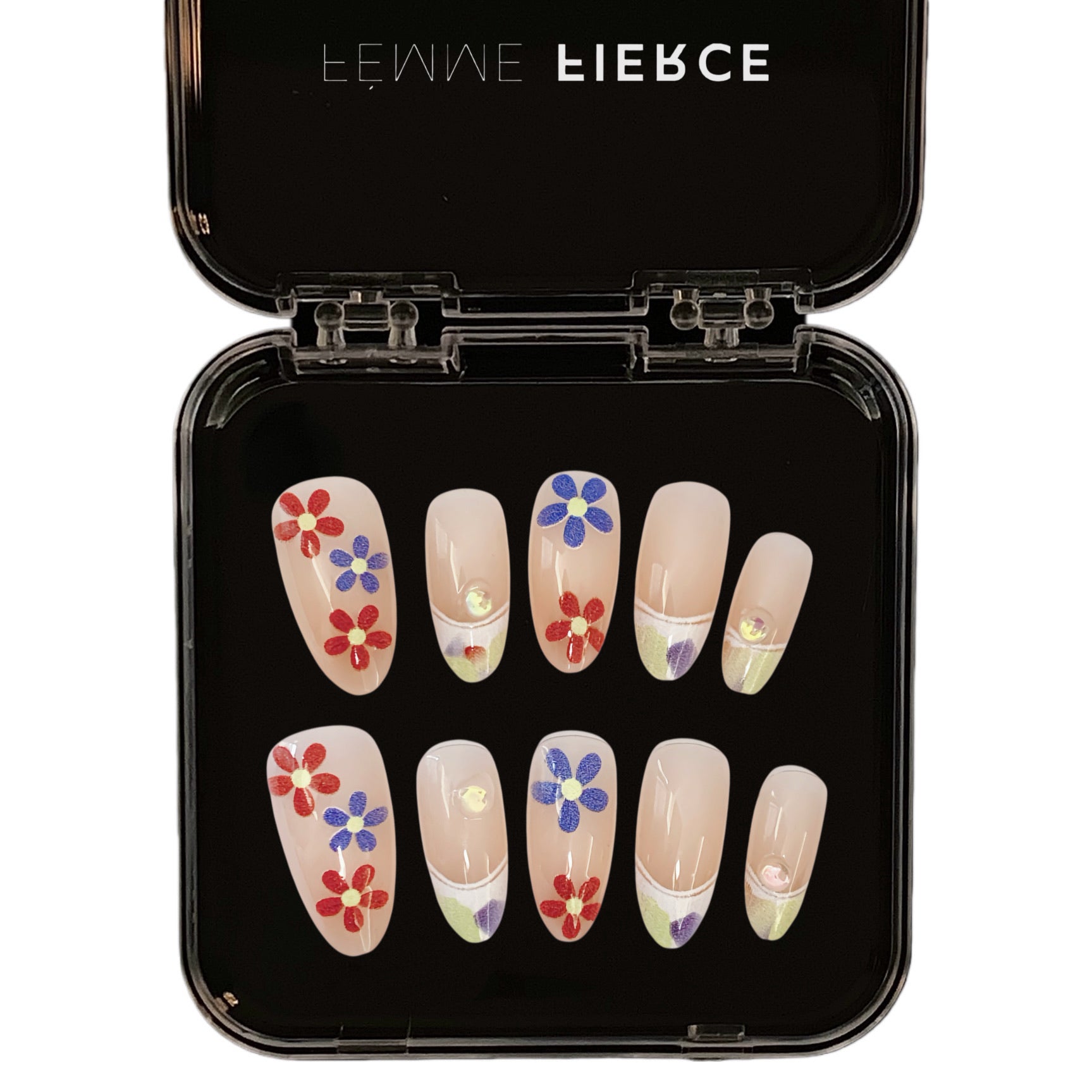 retro floral press on nails nude base flower design 