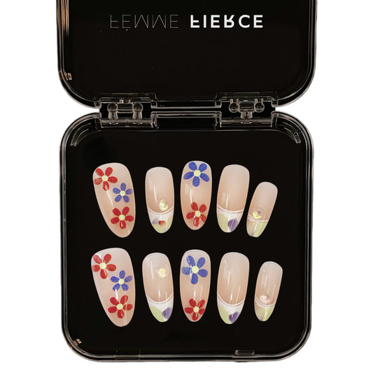 retro floral press on nails nude base flower design 