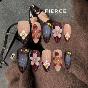 elegant burgundy press on nails with floral accents