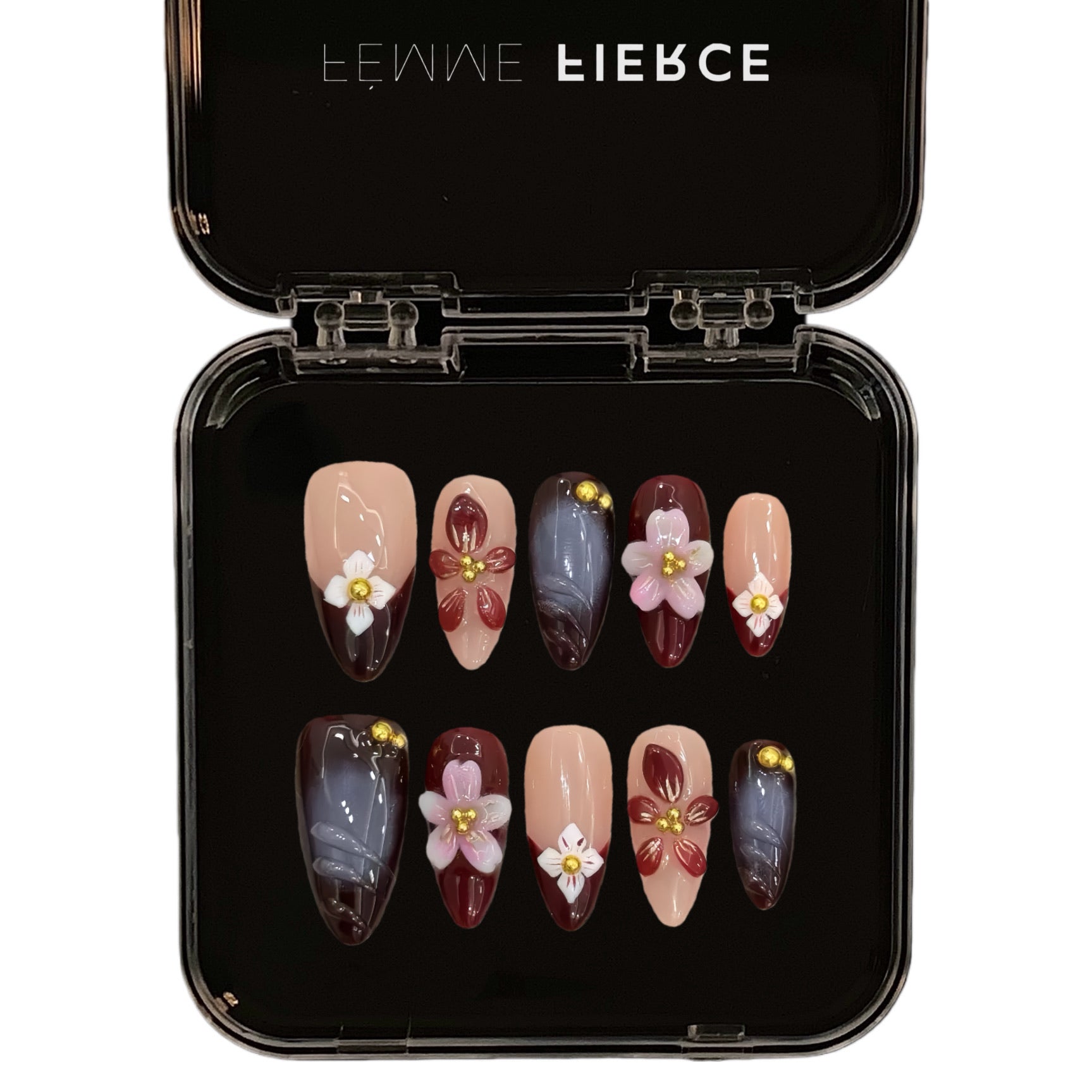 wine red press on nails with 3d floral details