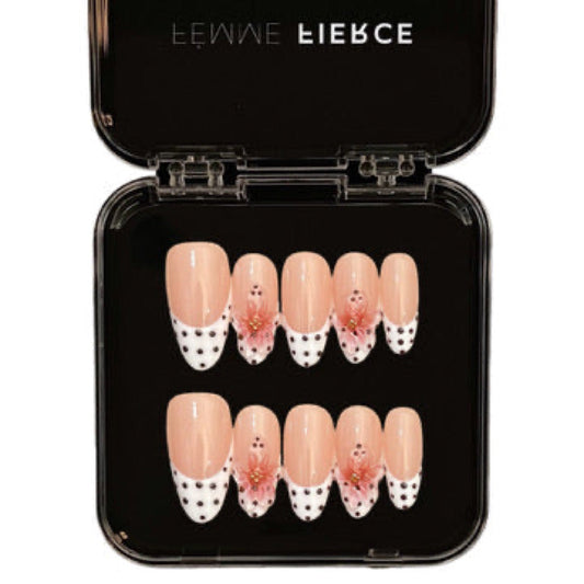 nude floral french tip press on nails with polka dots