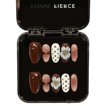 chocolate brown floral press on nails with polka dots  