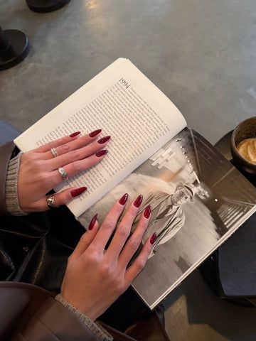 almond french nails deep red glossy finish aesthetic 