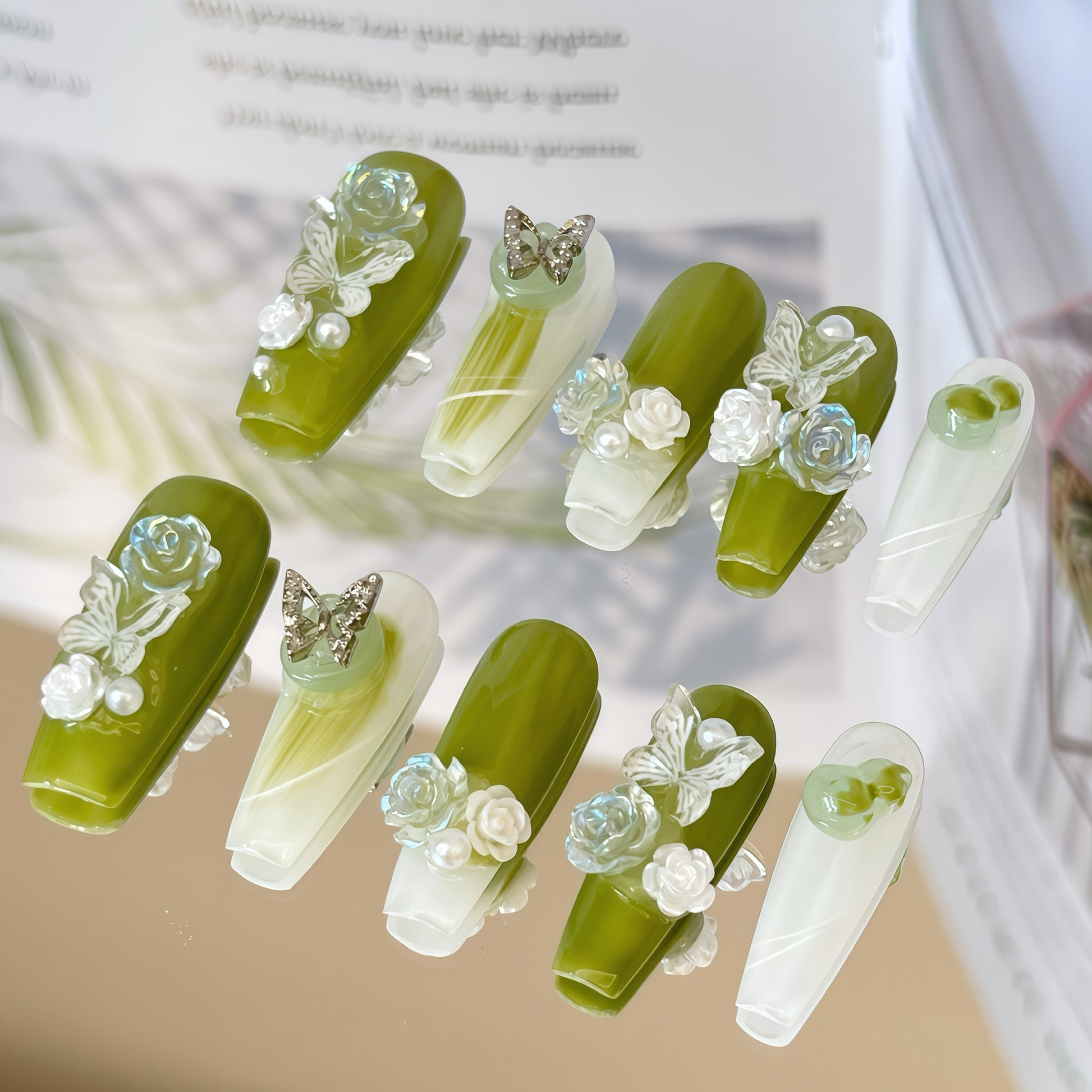 cute green press on nails with flowers