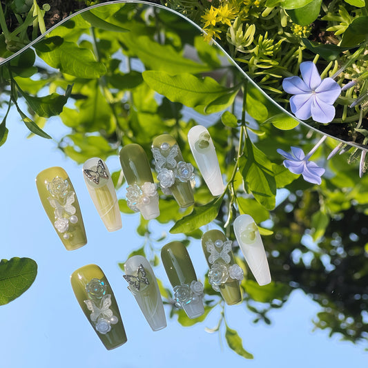 spring nails green gradient floral design