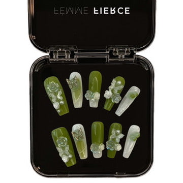 green floral press on nails almond shape