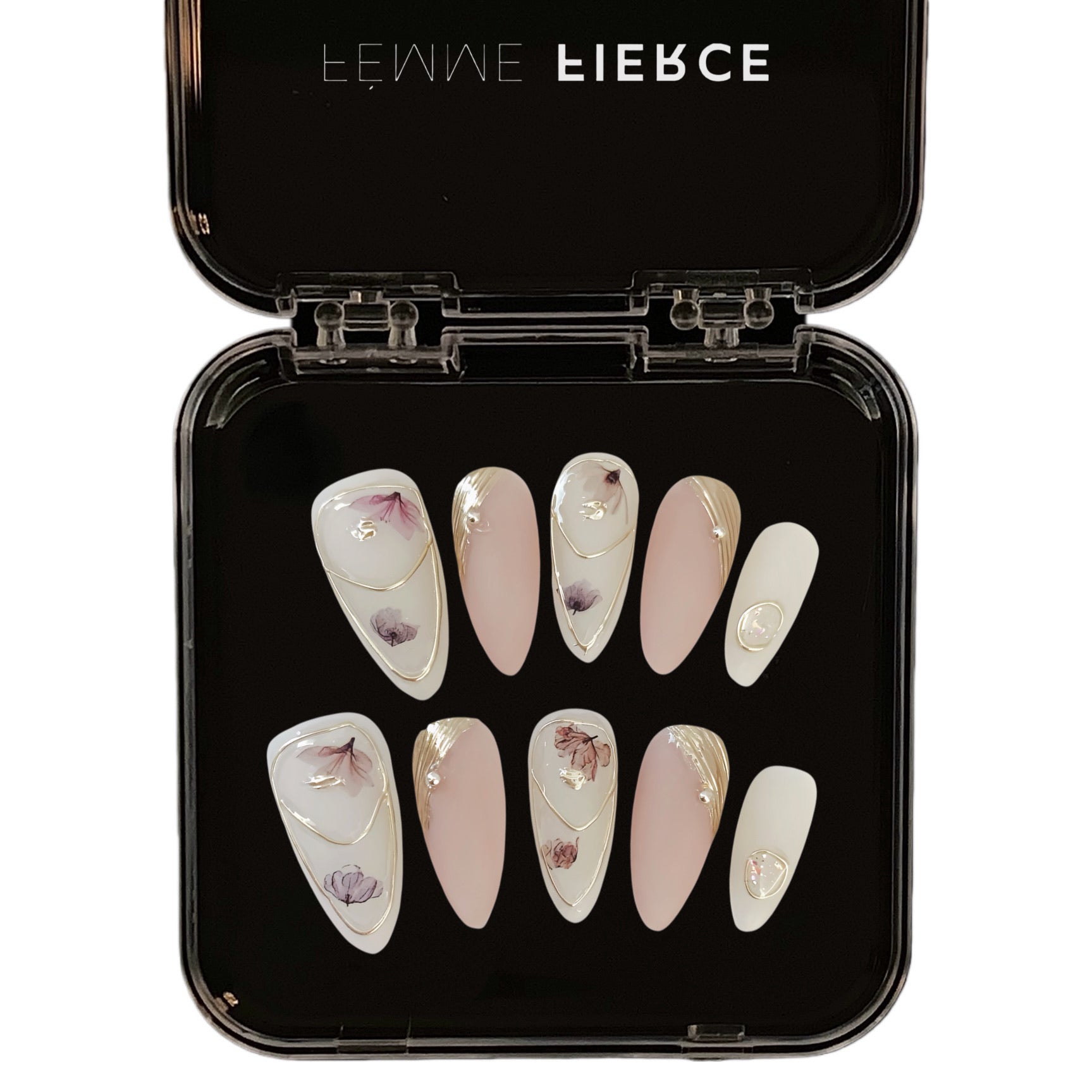 nude pink press on nails floral crystal design