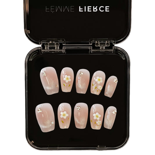 pink gradient press on nails with floral design