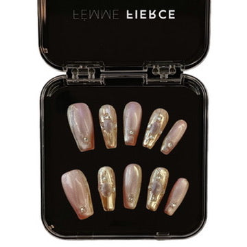 nude press on nails gold chrome edge detail