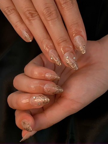 rhinestone chrome press on nails glossy nude