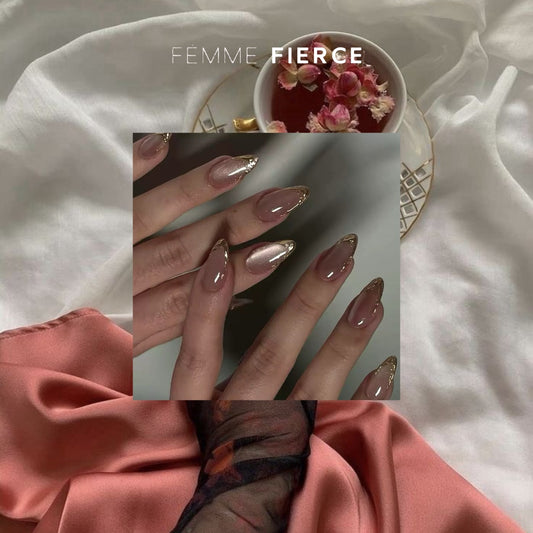 nude gold french tip press on nails almond shape