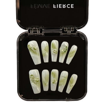 sage green press on nails with 3d flowers