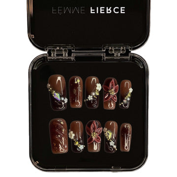 deep burgundy floral press on nails with gold accents