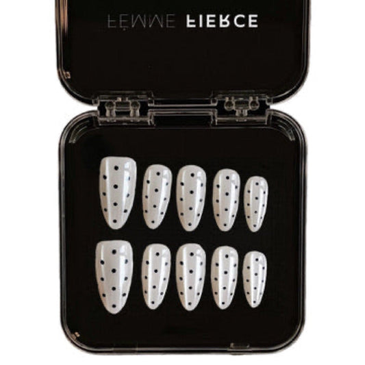 white press on nails with black polka dots