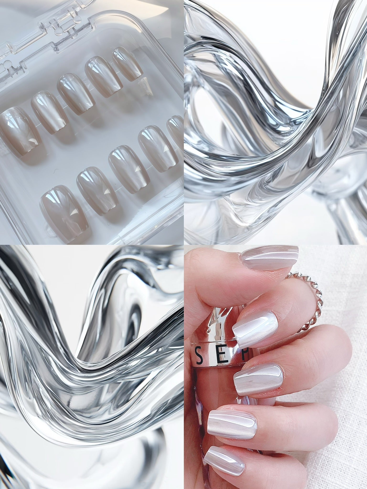 statement silver press on nails mirror effect