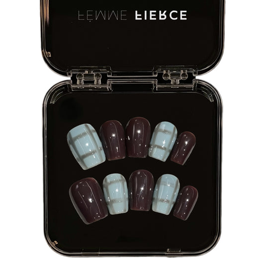 mocha brown plaid press on nails short design