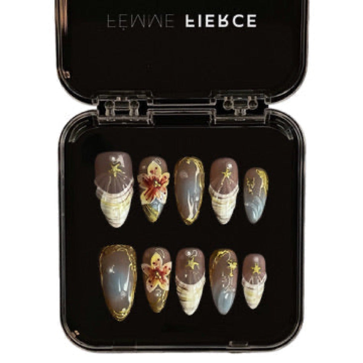 smoky floral press on nails with gold chrome accents