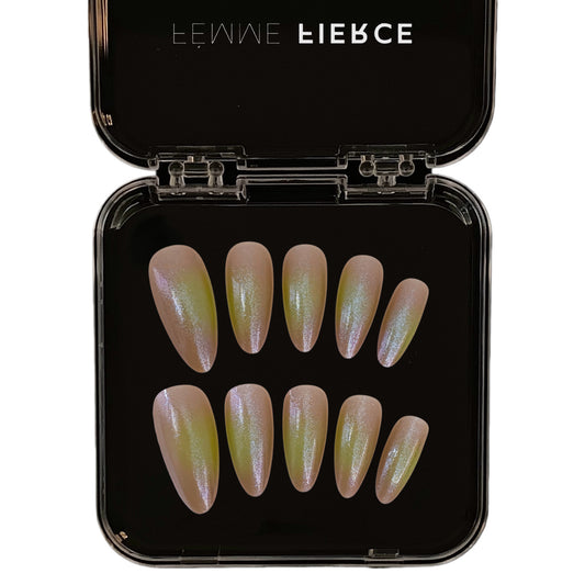 nude chrome press on nails iridescent metallic shine  