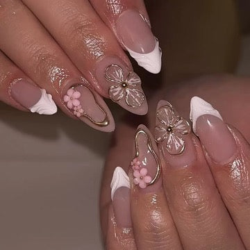 pink nude floral press on nails almond shape