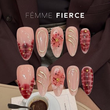 luxury press on nails with gold detail and floral art